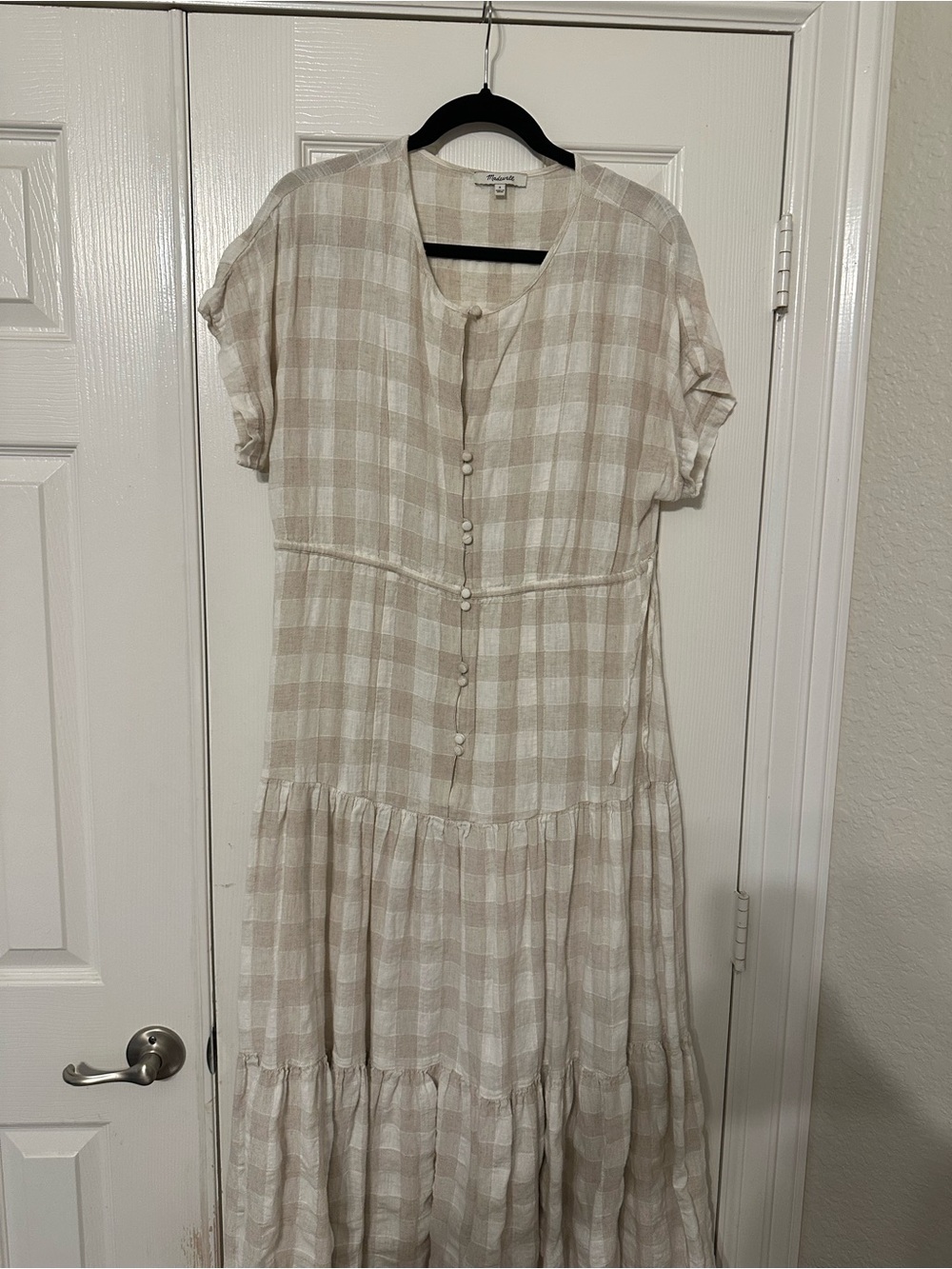 Madewell Beige and Ivory Gingham Tiered Maxi Dress